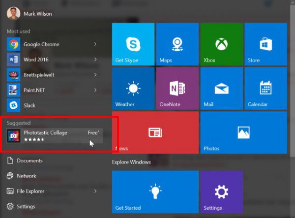 Windows 10 zeigt Werbung für Apps im Startmenü an.