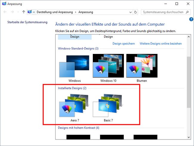 In der Design-Auswahl von Windows 10 tauchen jetzt die Windows-7-Themes auf.