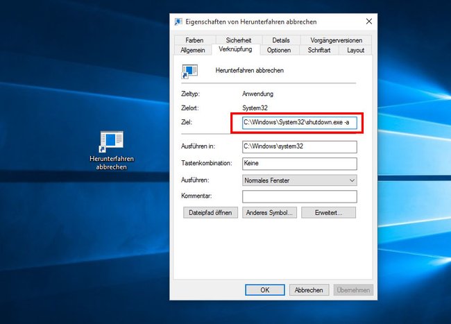 So erstellt ihr euch eine einfache Herunterfahren-Abbrechen-Verknüpfung. (Bildquelle: GIGA)