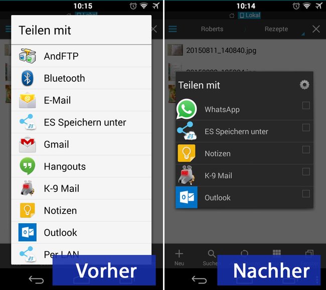 Android: Das Teilen-Menü im Vergleich vorher und nachher aufgeräumt.