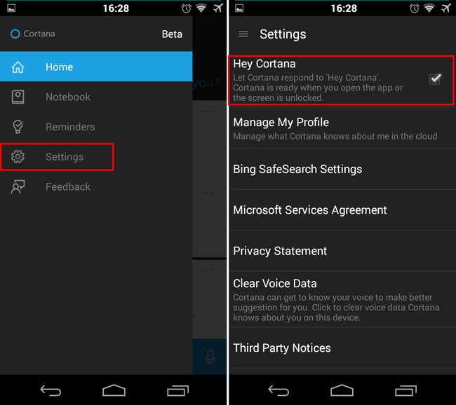 Cortana für Android: Hier lässt sich die Funktion "Hey Cortana" aktivieren.