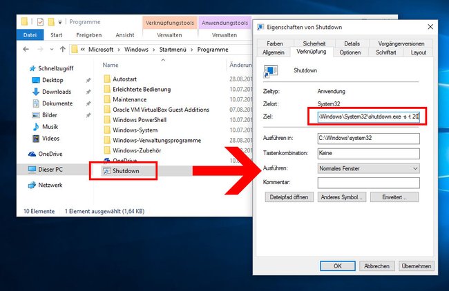 In den Eigenschaften der Shutdown-Verknüpfung gebt ihr noch Parameter zum Herunterfahren an.