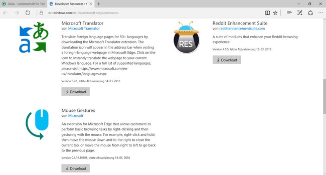 Microsoft bietet für Edge 3 Erweiterungen an.