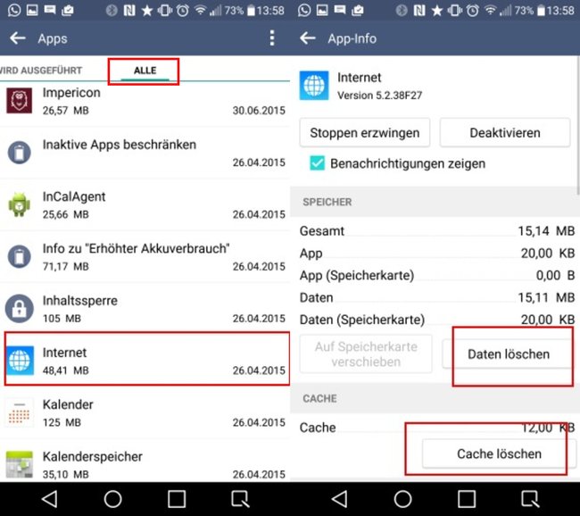 So löscht ihr den Cache und die Daten der App „Internet“, um den Fehler zu beseitigen. Bild: GIGA
