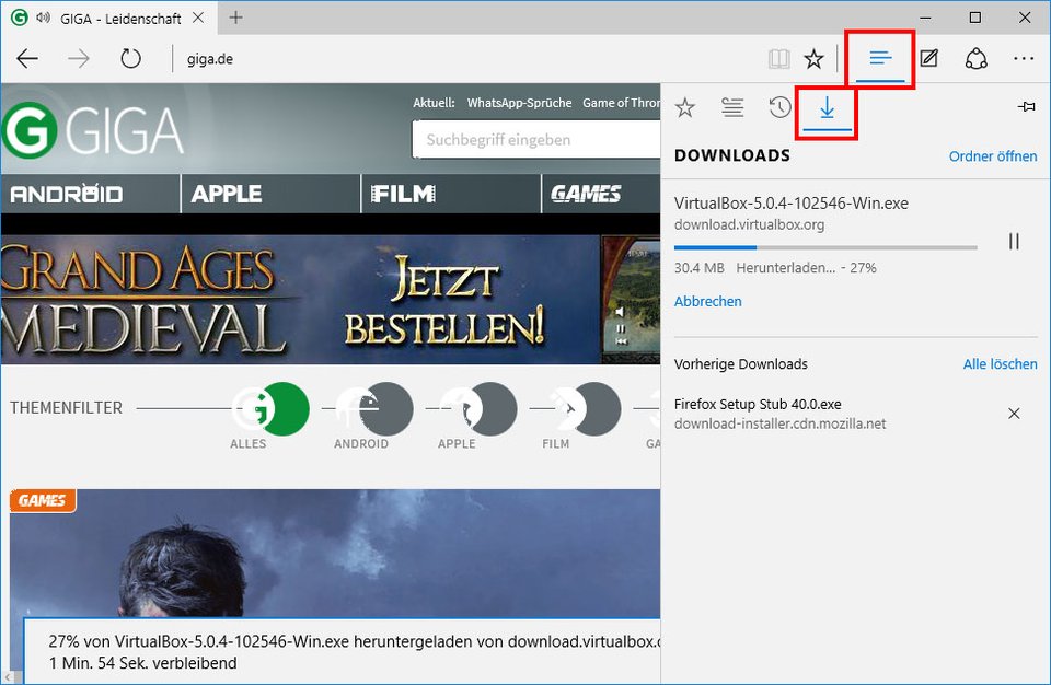 Microsoft Edge: Im sogenannten Hub lasst ihr euch die Downloads anzeigen.