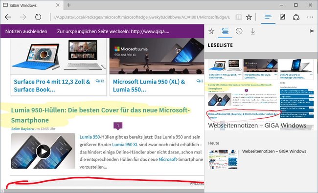 Microsoft Edge: In der Leseliste könnt ihr euch die Webseite samt Notizen wieder anzeigen lassen.