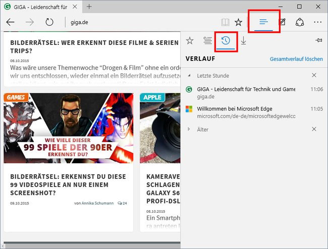 Microsoft Edge: Unter dem Hub-Symbol könnt ihr den Verlauf ansehen und löschen.