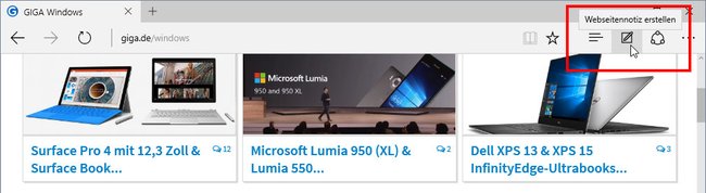 Microsoft Edge: Hier öffnet ihr die Werkzeugleiste, um Notizen zu Webseiten hinzuzufügen.