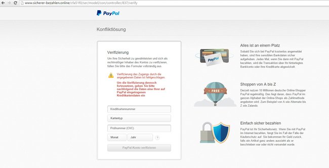 Phishing paypal dateneingabe vierter schritt die kreditkarten anfrage