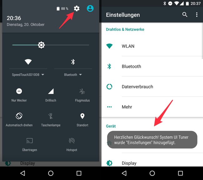 Das Zahnrad-Symbol für einige Sekunden gedrückt halten, im Anschluss erscheint die Nachricht, dass der System UI Tuner aktiviert wurde