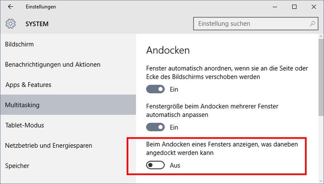 Windows 10: Hier deaktiviert ihr die automatische Anzeige weiterer andockbarer Fenster.