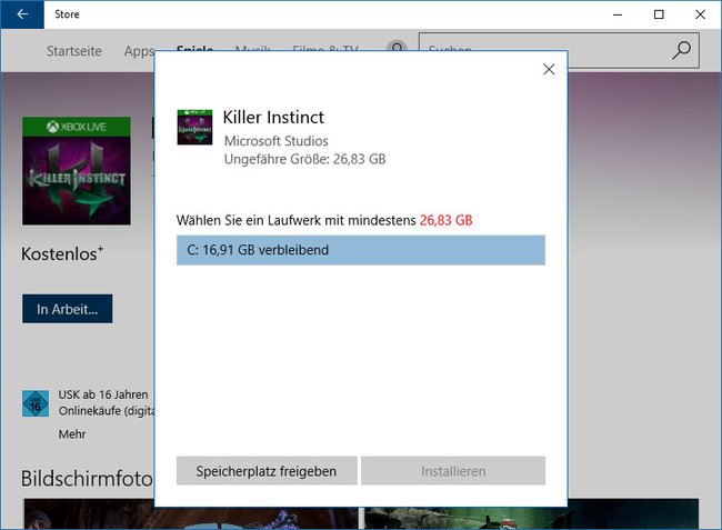 Windows 10 Store: Bei großen App-Installationen könnt ihr den Speicherort bestimmen. (Bildquelle: GIGA)