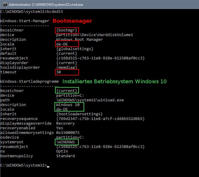 Der Befehl „bcdedit“ zeigt bei uns diese Ausgabe an. Bildquelle: GIGA