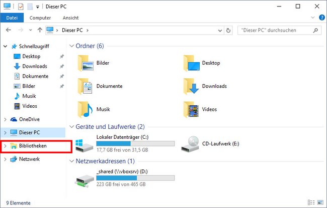 Windows 10: Die Bibliotheken lassen sich nachträglich einblenden.