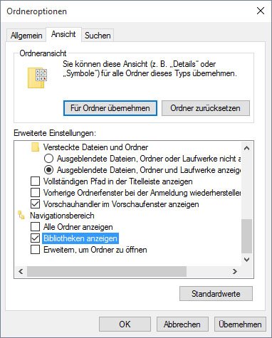 Bibliotheken anzeigen: Die Option findet ihr in den Ordneroptionen im Tab Ansicht.