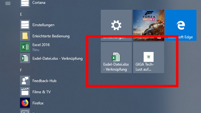 Hier haben wir eine Excel-Datei und eine Webseite im Startmenü angeheftet.