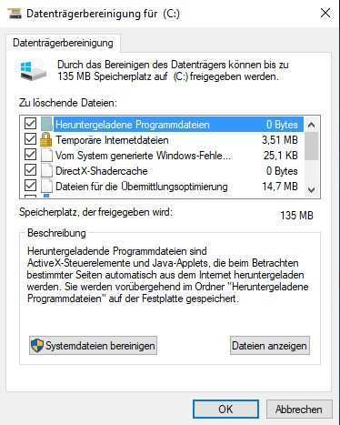 Die Datenträgerbereinigung in Windows löscht überflüssige Dateien.