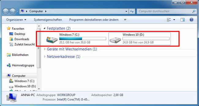 Windows-Explorer: Die Festplatten beziehungsweise Partitionen sind korrekt benennt.