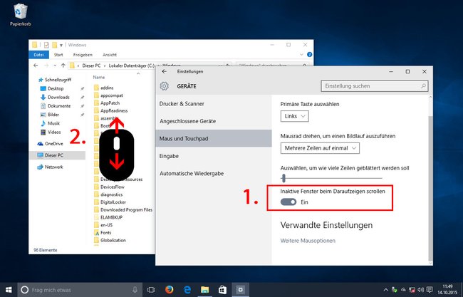 Windows 10: So könnt ihr auch inaktive Fenster im Hintergrund scrollen.