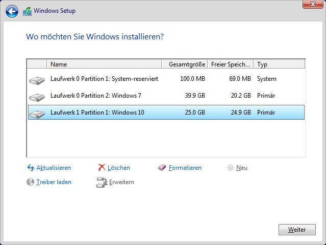 Wählt ihr die zuvor angelegte, zweite Festplatte / Partition für Windows 10 aus.