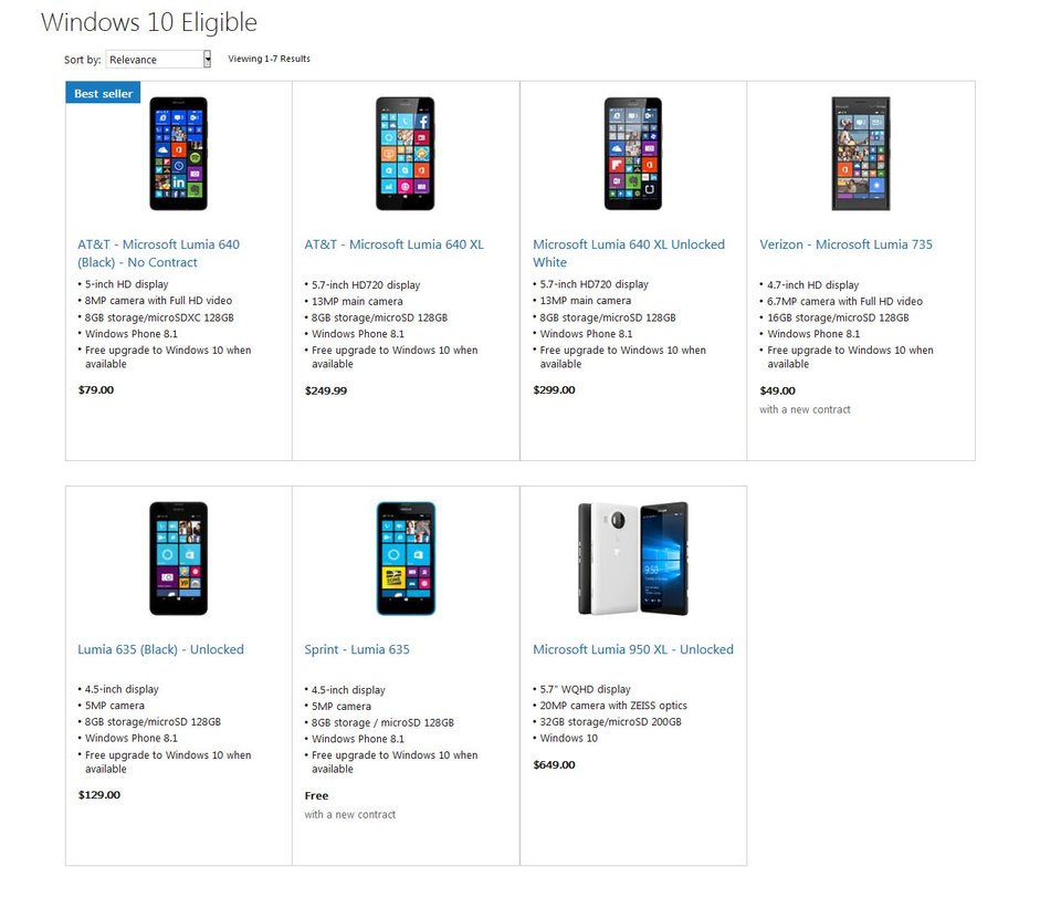 Der Microsoft Store zeigt nur wenige Smartphones für Windows 10 Mobile an.