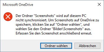 OneDrive: Bei der Fehlermeldung wird der Screenshots-Ordner nicht synchronisiert.