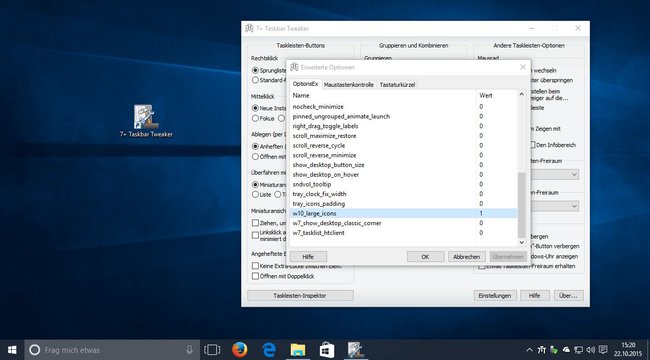 Windows 10: Mit dem kostenlosen Tool 7+ Taskbar Tweaker vergrößert ihr die Taskleisten-Symbole.