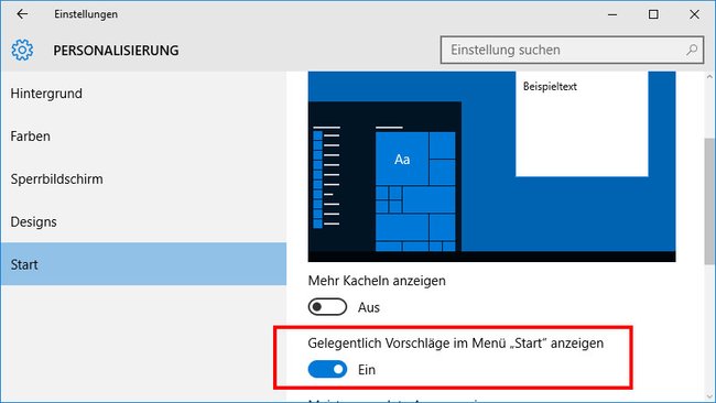 Windows 10: Hier deaktiviert ihr die Werbung im Startmenü.