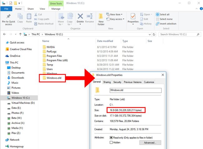 Windows 10: Der Ordner Windows.old kann sehr groß werden und viel Speicherplatz belegen.