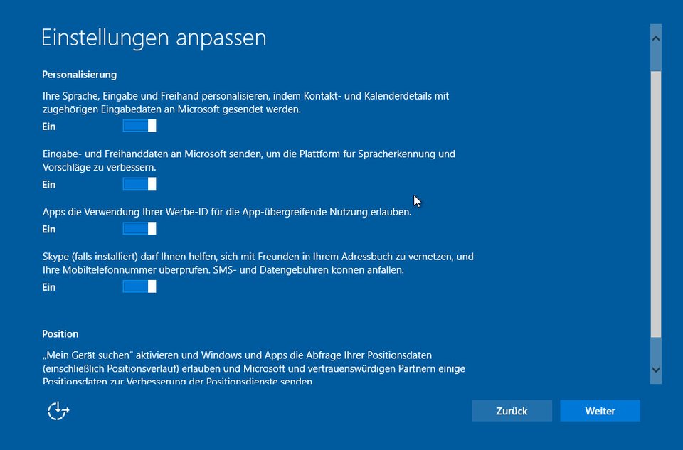 Windows 10: Personalisierung- und Position-Einstellungen.