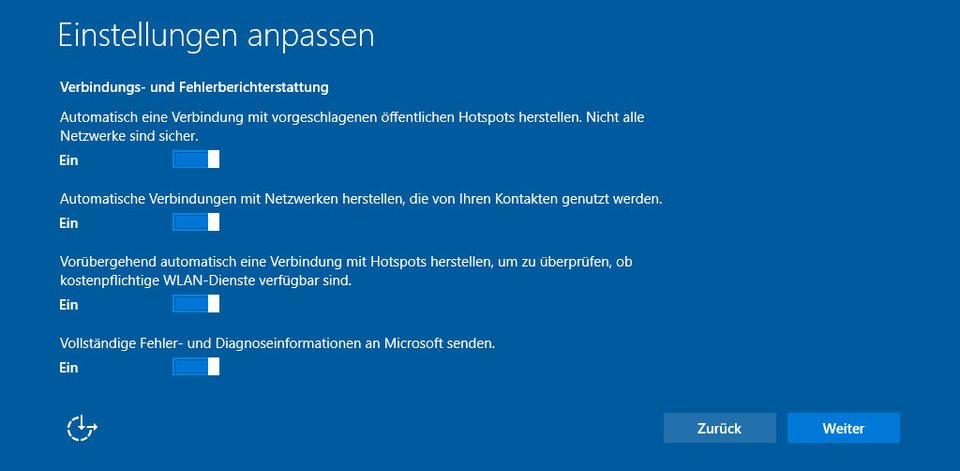 Windows 10: Einstellungen zu Verbindungs- und Fehlerberichterstattungen.