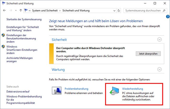Windows 10: Unter dem Punkt Wiederherstellung könnt ihr das Wiederherstellungslaufwerk erstellen. (Bildquelle: GIGA)