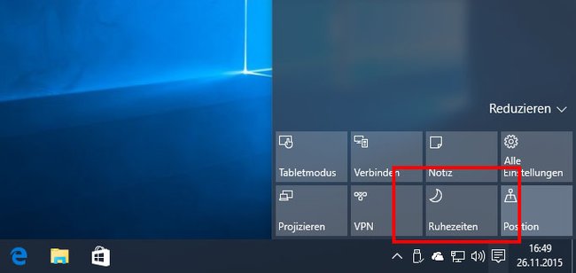 Windows 10: Im Info-Center aktiviert ihr die Ruhezeiten.
