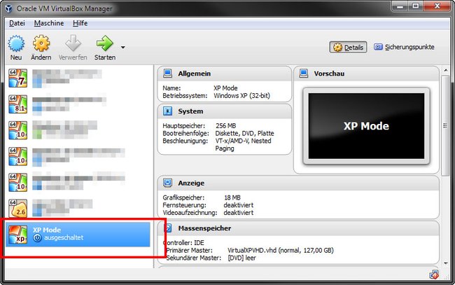 Der XP Mode ist in Virtualbox eingerichtet.
