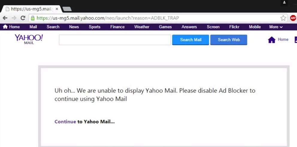 Yahoo Adblock Message