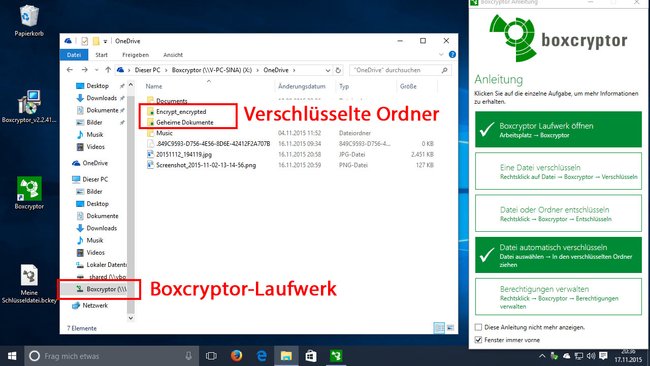 Windows 10: Im Boxcryptor-Laufwerk findet ihr gewöhnliche und verschlüsselte Ordner eures Cloud-Dienstes.