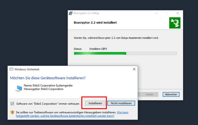 Windows 10: Hier bestätigt ihr die Installation der Boxcryptor-Gerätesoftware.