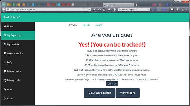 Der verwendete Browser ist mit seiner Konfiguration einzigartig. Der Nutzer kann getrackt werden.