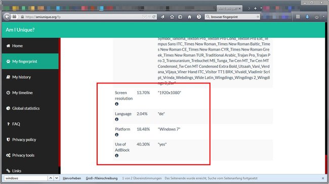 Der Browser-Fingerprint enthält auch Informationen über das Betriebssystem.