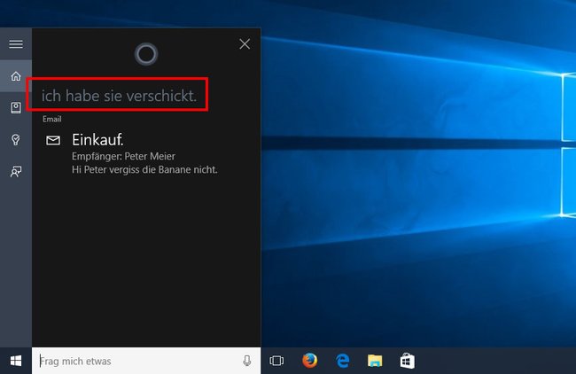 Windows 10: Cortana zeigt die verschickte E-Mail mit allen Informationen an.