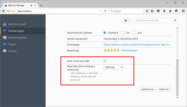 Firefox-Addon: Mit Mute Tab könnt ihr einstellen, dass neue Tabs automatisch stumm geschaltet sind.