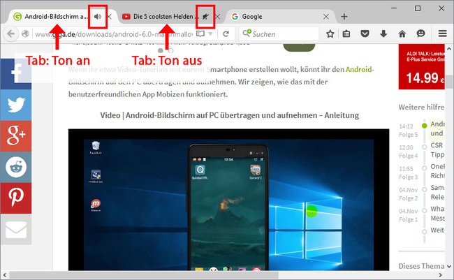 Firefox: Klickt auf das Lautsprecher-Symbol, um den Ton einzelner Tabs zu deaktivieren.