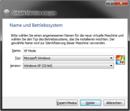 Virtualbox erstellt eine virtuelle Maschine für den XP Mode.
