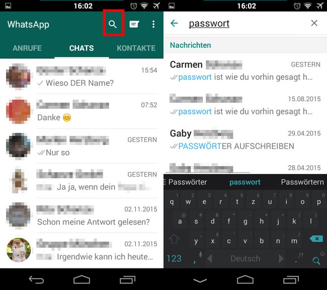 WhatsApp: Mit dem Lupen-Symbol durchsucht die App alle Chats auf einmal.