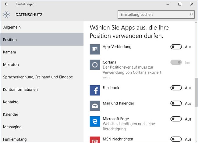 Windows 10: In den Datenschutz-Einstellungen verbergen sich die App-Berechtigungen in einzelnen Menüpunkten.