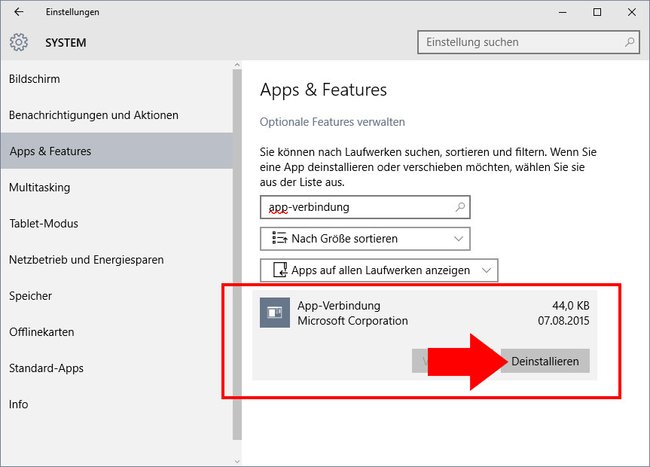 Windows 10: Hier könnt ihr die App-Verbindung deinstallieren.