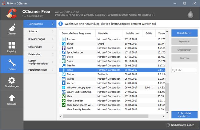 CCleaner löscht vorinstallierte Apps in Windows 10 sehr bequem