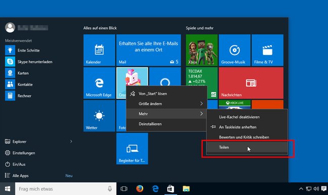 Windows 10: Apps lassen sich über das Kontextmenü im Startmenü teilen.