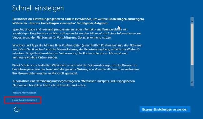 Klickt bei der Windows-10-Installation auf diesen Button, um Einstellungen anzupassen.