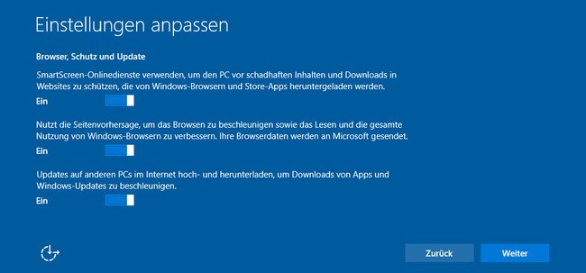 Windows 10: EInstellungen für Browser, Schutz und Update.